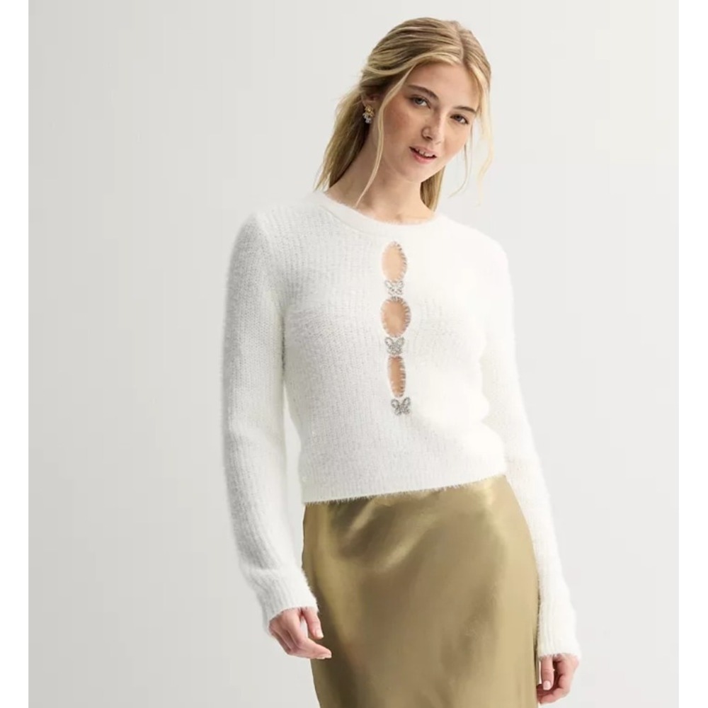 Madden Girl Coquette Sweater‎ M White Rhinestone Butterfly Cut Out Fluffy Party